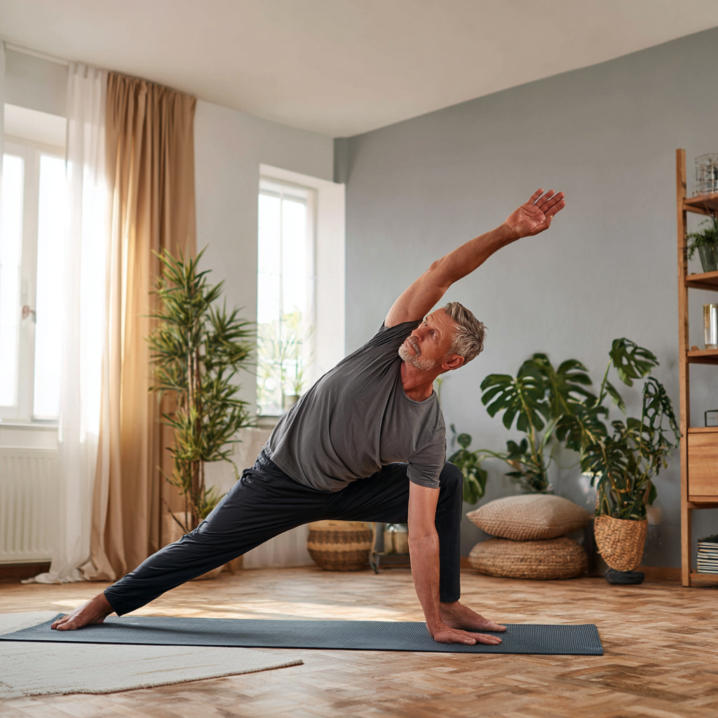 людина середнього віку виконує вправи на розтяжку вдома